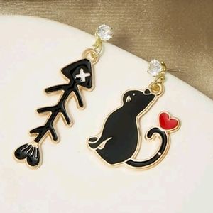Rhinestone Black Kitty & Fish Bone Drop Earrings
